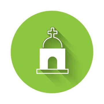 White Old crypt icon isolated with long shadow. Cemetery symbol. Ossuary or Illustrazione stock