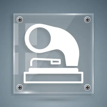 White Old gramophone icon isolated on grey background. Square glass panels... Stock Illustration