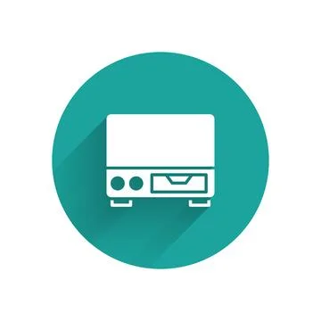 White Old video cassette player icon isolated with long shadow. Old beautiful Stock Illustration