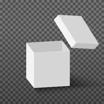 White open box mock up. Realistic vector cardboard cube with flying lid. Empty Illustrazione stock