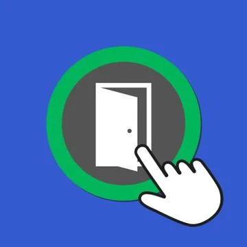 White open door icon. Exit, solution concept. Hand Mouse Cursor Clicks the Bu Stock Illustration