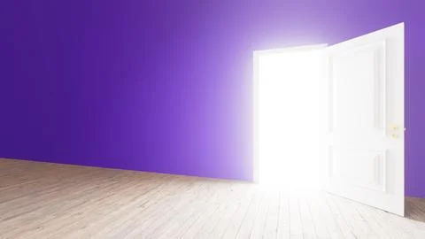 White open door showing light in purple room Ilustración de archivo