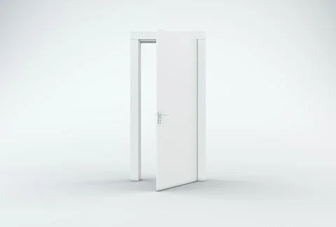 White Open Door on a studio background. Minimal concept. Monochrome. 3D render. Stockillustratie