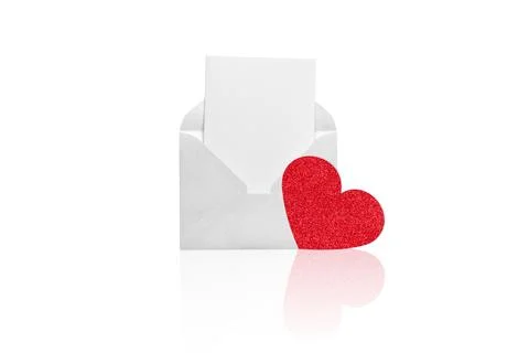 White open envelope with a white sheet and red hear on a white background. Stock Photos