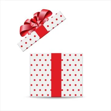 White open gift box with red polka dots and red ribbon bow. 3d style, desig.. Illustration