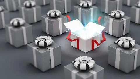 White open gift box standing out among gray boxes. 3D illustration Stock Illustration