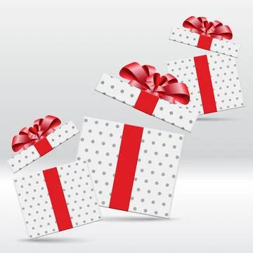 White open gift boxes with grey polka dots and red ribbon bow. 3d style, de.. Stock Illustration