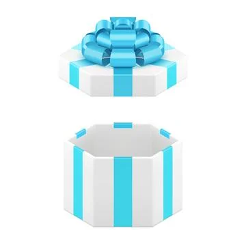 White open hexagonal gift box with blue premium bow ribbon 3d icon realisti.. Stock Illustration