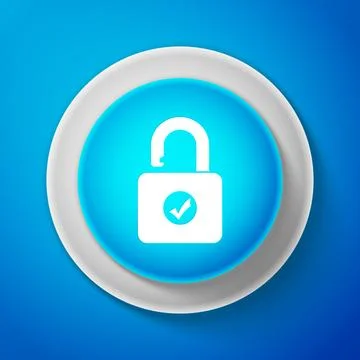 White Open padlock and check mark icon isolated on blue background. Security 스톡 일러스트