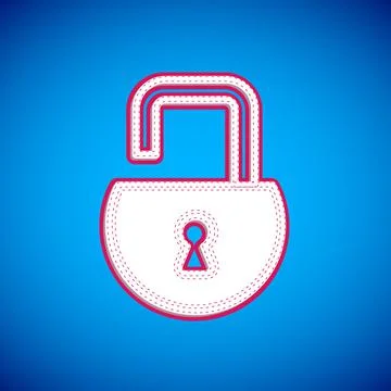White Open padlock icon isolated on blue background. Opened lock sign. Cyber  Illustrazione stock