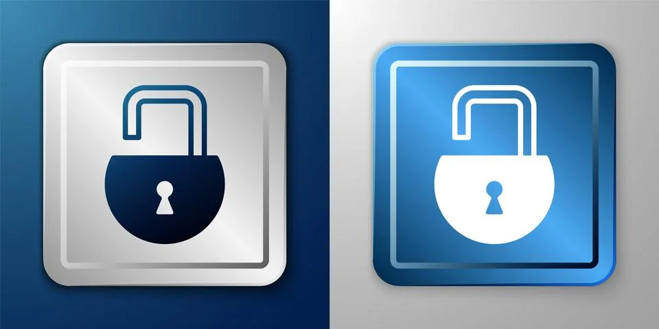 White Open padlock icon isolated on blue and grey background. Opened lock sig Illustrazione stock