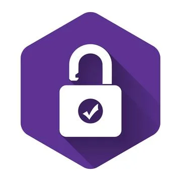 White Open padlock icon isolated with long shadow. Opened lock sign. Cyber Illustrazione stock