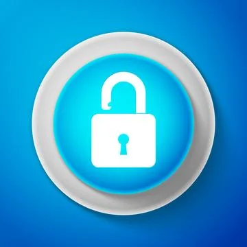 White Open padlock icon isolated on blue background. Lock symbol. Circle blue 스톡 일러스트
