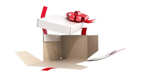 White open Square Gift Box with Red Ribbon and Bow 3d render on white no shad Stock Illustration