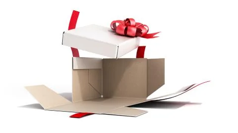 White open Square Gift Box with Red Ribbon and Bow 3d render on white Stock Illustration