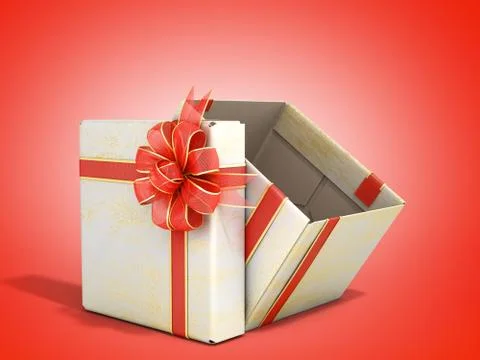 White open Square new year Gift Box with Red Ribbon and Bow 3d render on red  Illustrazione stock