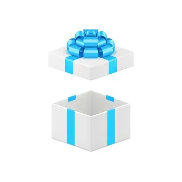 White open squared luxury gift box with blue glossy bow ribbon 3d icon real.. Stock Illustration