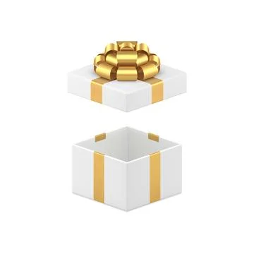 White open wrapped gift box with golden luxury bow ribbon present pack 3d ico Stock Illustration