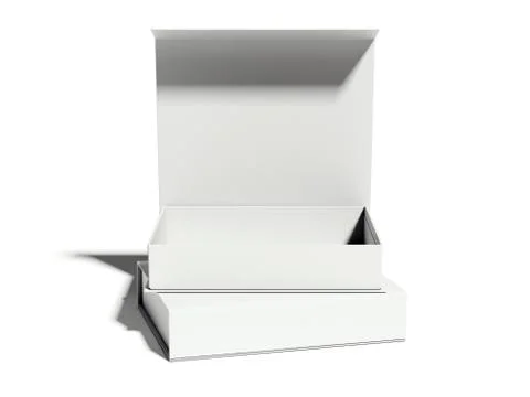 White opened box on bright floor. 3d rendering 스톡 사진