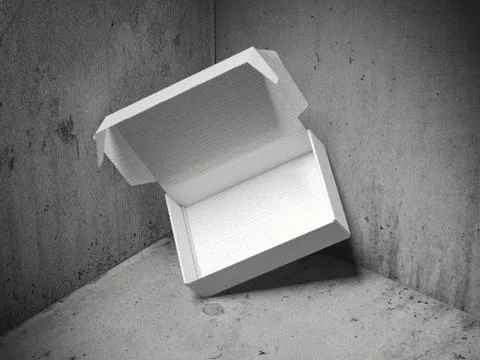 White opened package in concrete corner. 3d rendering Stock Illustration
