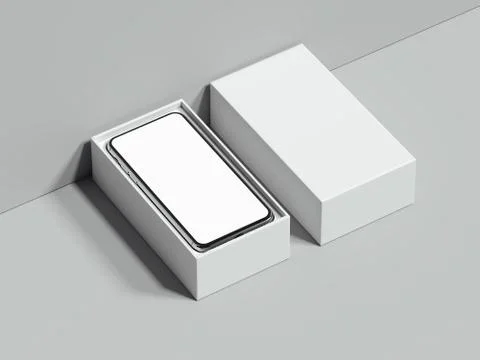 White opened rectangular box with mobile phone inside, 3d rendering Illustrazione stock