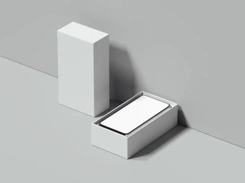 White opened rectangular box with mobile phone inside, 3d rendering 스톡 일러스트