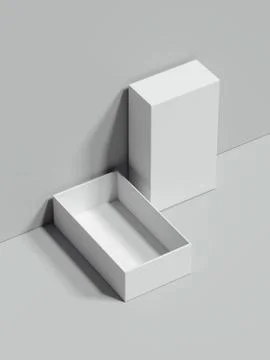 White opened rectangular box stands next to the grey wall, 3d rendering 库存插图