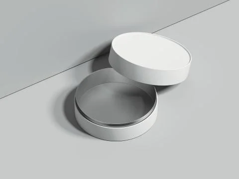 White opened round box stands on grey floor. 3d rendering 库存插图