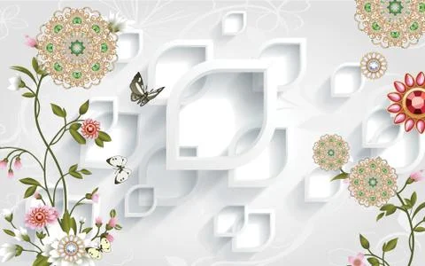 White ornamental background, white frames, abstract fractal flowers Stock Illustration