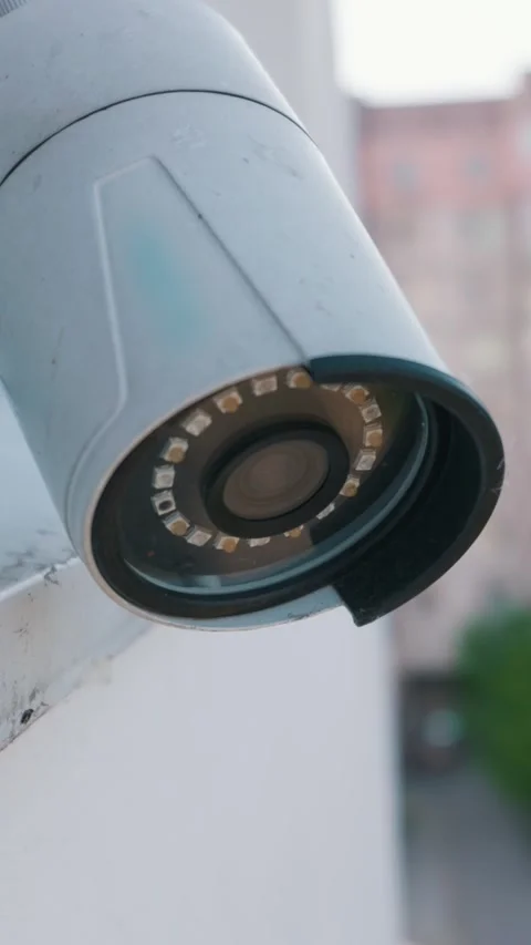 White Outdoor Security Camera Mounted on Building Wall for Surveillance Stock Footage 338102759