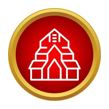 White outline ancient temple icon in gold red circle Stock Illustration
