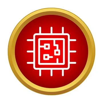 White outline of a cpu or circuit on a red circular button Illustrazione stock
