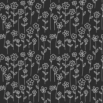 White outline flowers seamless pattern on black background. Vector illustrati Stock Illustration