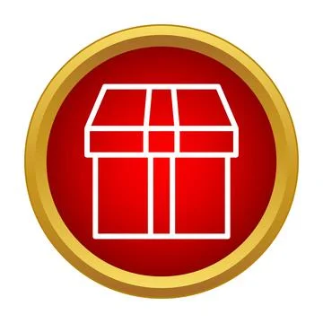 White outline gift box in red circle icon Stock Illustration