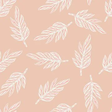 White outline leaf branches silhouettes seamless doodle pattern. Pink pastel  Stock Illustration