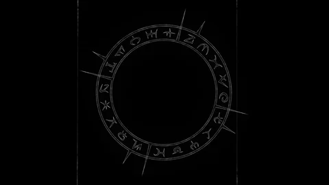 White outline occult circle with rotating parts and mystical symbols with Stock Footage 115965684
