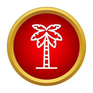 White outline palm tree icon on red circle Stock Illustration