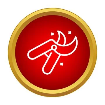White outline of secateurs inside a red circle with a gold border Stock Illustration