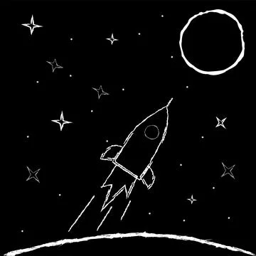 White outline space rocket from the earth flies to the moon among the stars Stock Illustration