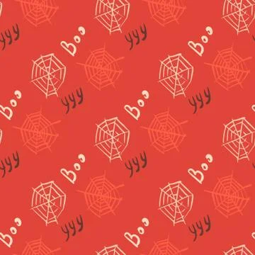 White outline spider web seamless pattern. Halloween spooky artwork on red ba Stock Illustration