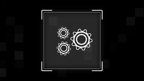 White Outline of Three Interlocking Gears within a Digital Frame cogs mecha.. Stockbeeldmateriaal 340998326