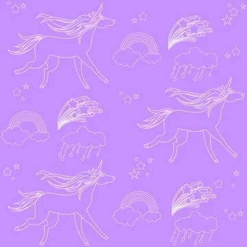 White outline unicorns with clouds and rainbow on a purple background Stock Illustration
