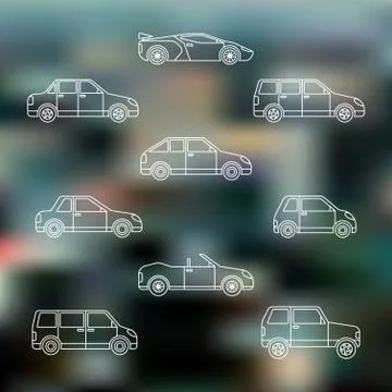 White outline various body types of cars icons set. Stock Illustration