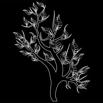 White outline young shoot of tree with leaves isolated on black background. Stock Illustration