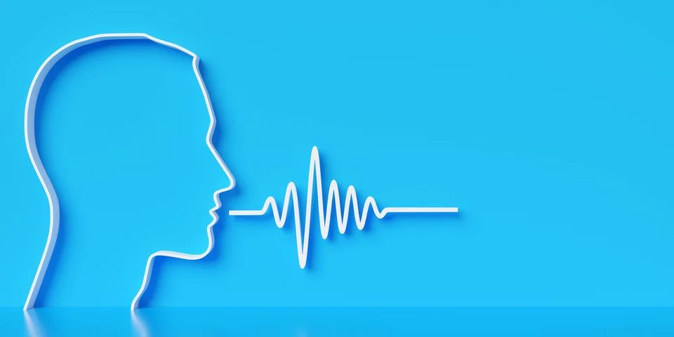 White outlined human head with abstract white soundwave on blue background .. Stock Illustration
