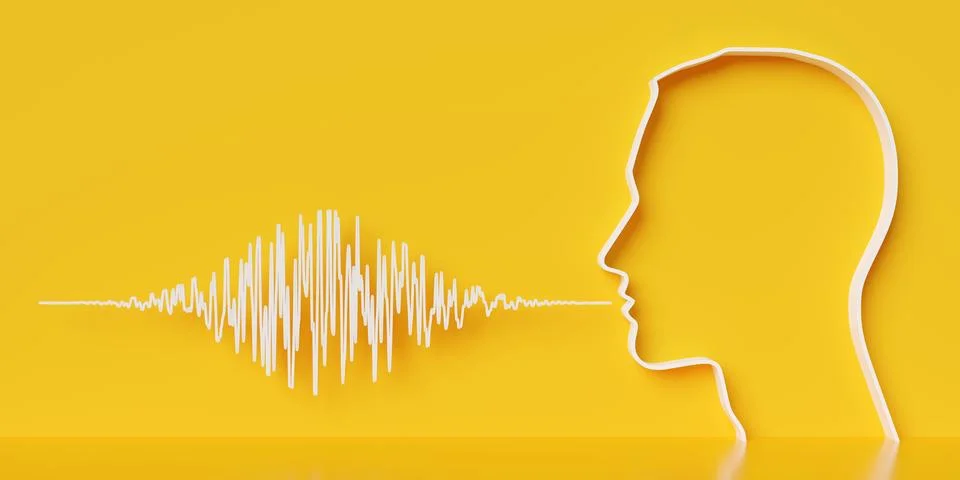 White outlined human head with abstract white soundwave waveform on yellow .. Stock Illustration