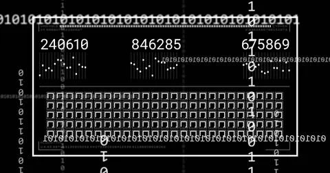 White-outlined panel presenting numeric displays in console UI, with bar charts Stockfoto's