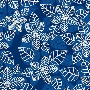 White outlines sections flowers over dark blue background  seamless pattern. Stock Illustration