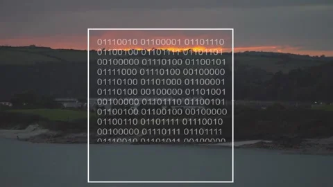 White overlay showing binary rows over calm bay, sunrise causing single-row Stock Footage 334203156