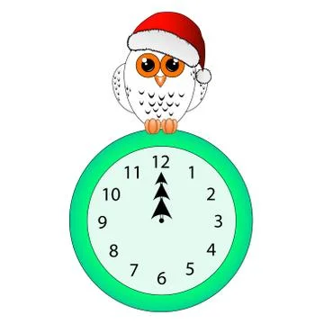 White owl in a red Christmas hat sits on a clock face Stock Illustration